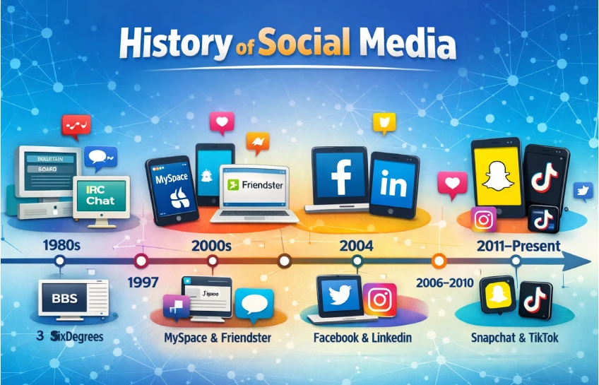 History of Social Media timeline showing the evolution from early online communities to modern platforms like Facebook, Instagram, and TikTok
