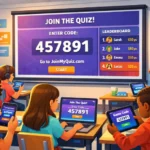 Students entering a code to join an online quiz on Join My Quiz.com platform