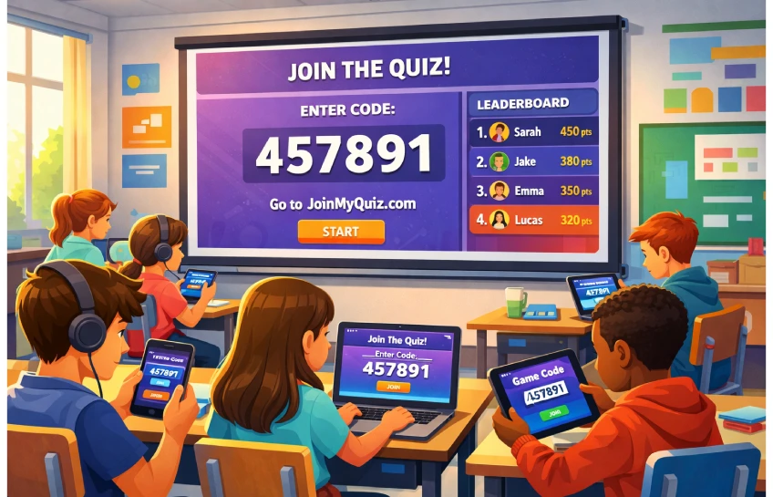 Students entering a code to join an online quiz on Join My Quiz.com platform