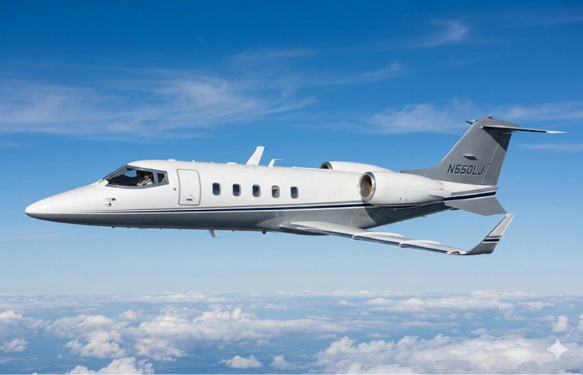 Learjet 55 mid-size business jet in flight showing winglet design and rear-mounted TFE731 engines
