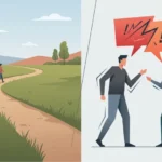 A split illustration showing the two meanings of piçada — a worn footpath trail through a field and a sharp verbal scolding between two people
