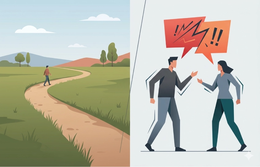 A split illustration showing the two meanings of piçada — a worn footpath trail through a field and a sharp verbal scolding between two people