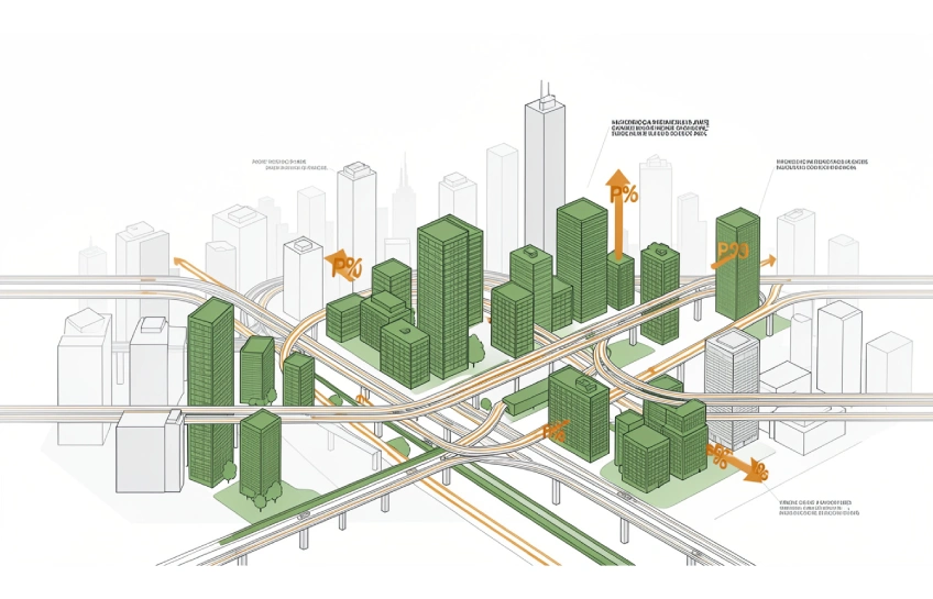 Infographic showing key drivers of urban real estate value including location, infrastructure, and zoning