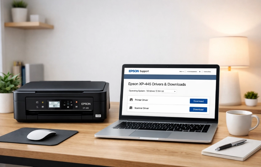 Epson XP-445 printer driver download setup on laptop screen with wireless home office environment
