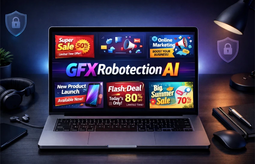 GFXRobotection AI Software by GFXMaker dashboard showing AI-generated marketing graphics
