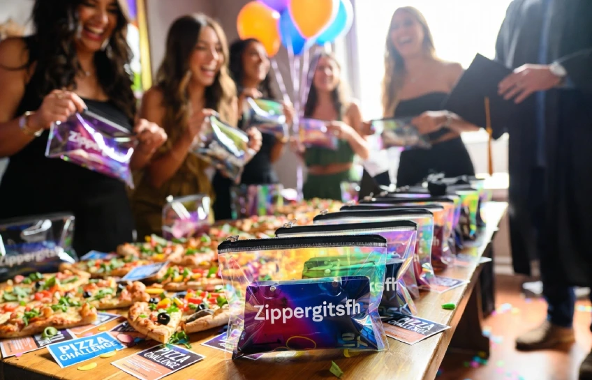 Graduations pouch pizza purchase game zippergitsfh in action with happy guests and pizza at a lively graduation party