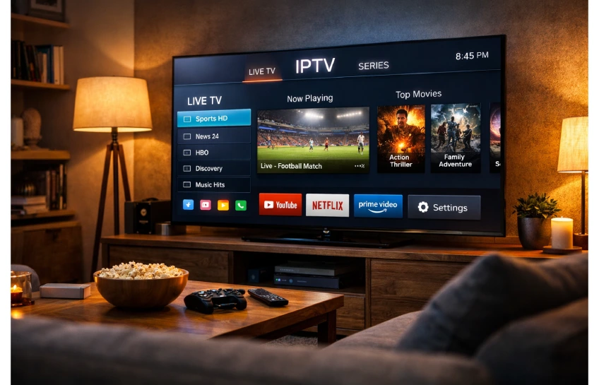 IPTV streaming on smart TV showing live channels and apps
