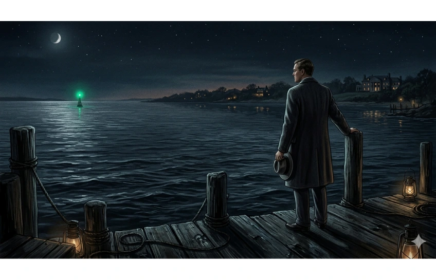 last page of the great gatsby illustration showing man looking at green light across water at night