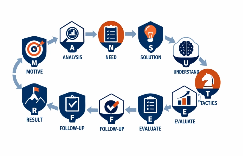 Mansutfer nine-stage structured growth framework diagram showing Map, Assess, Navigate, Set, Understand, Track, Fine-tune, Execute, and Review steps