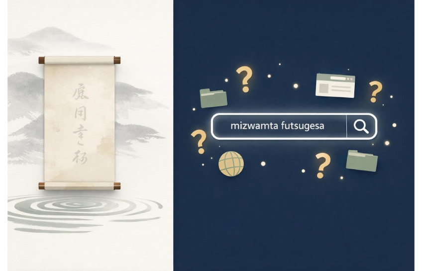 Illustration showing the concept of mizwamta futsugesa combining Japanese-inspired design with a modern digital search interface