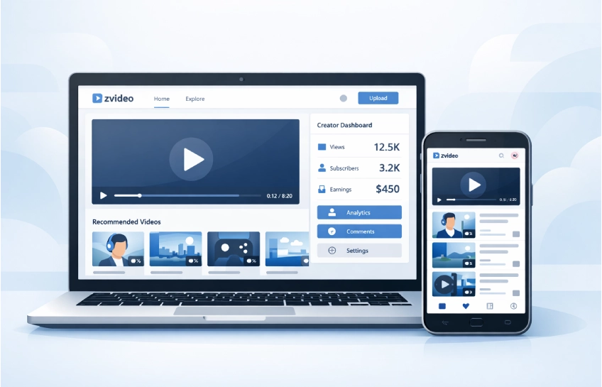 zvideo video platform interface showing streaming, content creation, and dashboard features on modern devices
