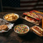 Seven unhealthy American foods destroying health: soda, hot dog, sugary cereal, frozen pizza, chips, and fast food.