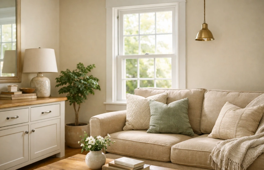 Bright living room showing best cheap home improvement ideas for old houses USA — fresh paint, updated hardware, and warm lighting.