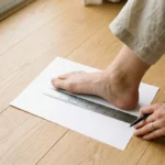 A person measuring their foot length on paper to use the BestShoesEverShop sizing guide.