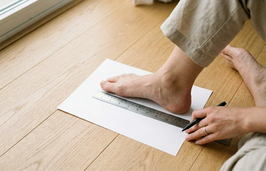 A person measuring their foot length on paper to use the BestShoesEverShop sizing guide.