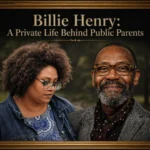 Portrait of Billie Henry and Lenny Henry framed in a classic gold frame, titled "Billie Henry: A Private Life Behind Public Parents," showing Billie looking contemplative and Lenny smiling warmly against a blurred outdoor background.