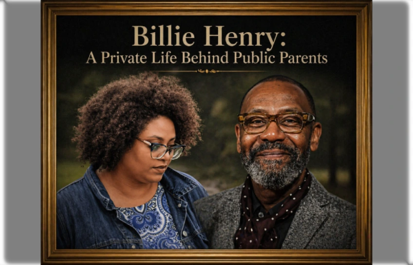 Portrait of Billie Henry and Lenny Henry framed in a classic gold frame, titled "Billie Henry: A Private Life Behind Public Parents," showing Billie looking contemplative and Lenny smiling warmly against a blurred outdoor background.