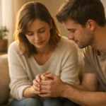 Couple sitting close on a sofa holding hands, showing how to build trust in a relationship after lying and heal together