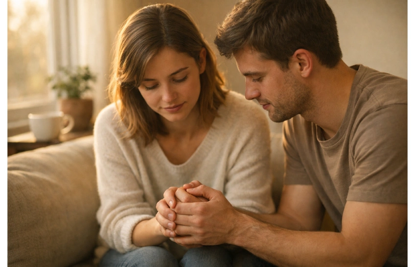 Couple sitting close on a sofa holding hands, showing how to build trust in a relationship after lying and heal together