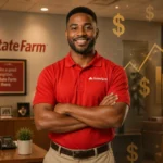 Kevin Miles as Jake from State Farm in red polo shirt representing his net worth and salary from State Farm commercials
