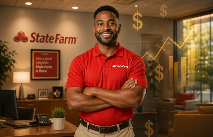 Kevin Miles as Jake from State Farm in red polo shirt representing his net worth and salary from State Farm commercials