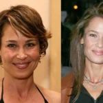 Julie Warner actress in two different looks -- short highlighted hair and long brown hair