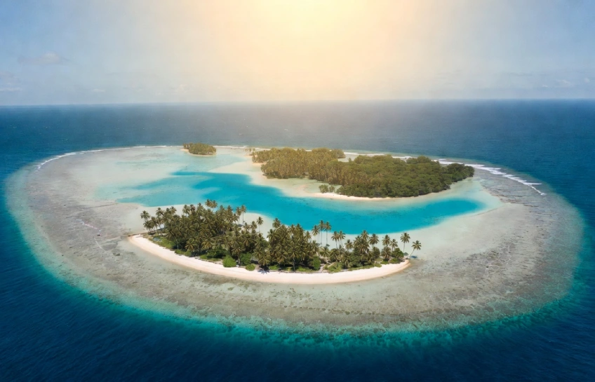 Aerial view of Lucipara Islands atoll surrounded by turquoise water and coral reefs in Indonesia's Banda Sea