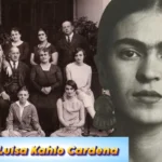 Maria Luisa Kahlo Cardena in a vintage Kahlo family portrait alongside a close-up of Frida Kahlo