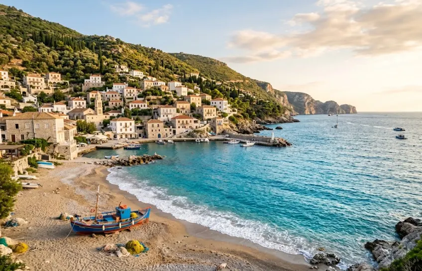 Turquoise coastline of Merfez with sandy beach and old stone buildings — Merfez travel guide featured image