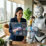 A detailed photograph from a high-rise office in a sprawling city, showing a South Asian female professional in a blazer interacting with a large, translucent holographic data display. She points at dynamic colorful graphs labeled 'Project SYNERGY: Q2 Growth 18%' and 'Market Metrics.' Standing beside her, observing the data, is a white and black humanoid robot named 'Aurora' with articulated limbs. They are in a modern, open-plan office bathed in sunlight, with other blurred employees working at desks. The background is a dense urban landscape visible through floor-to-ceiling windows. The composition captures human-AI collaboration.