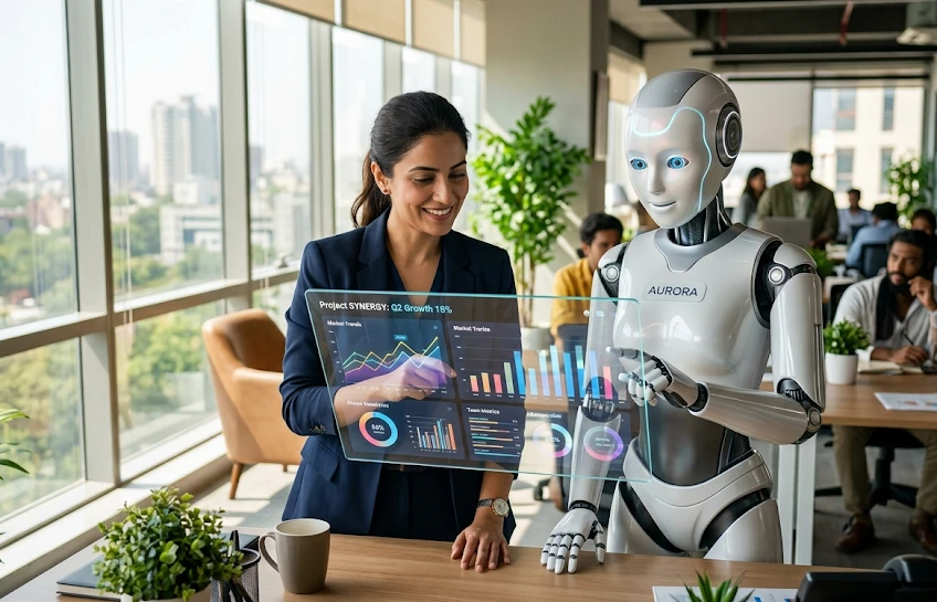A detailed photograph from a high-rise office in a sprawling city, showing a South Asian female professional in a blazer interacting with a large, translucent holographic data display. She points at dynamic colorful graphs labeled 'Project SYNERGY: Q2 Growth 18%' and 'Market Metrics.' Standing beside her, observing the data, is a white and black humanoid robot named 'Aurora' with articulated limbs. They are in a modern, open-plan office bathed in sunlight, with other blurred employees working at desks. The background is a dense urban landscape visible through floor-to-ceiling windows. The composition captures human-AI collaboration.