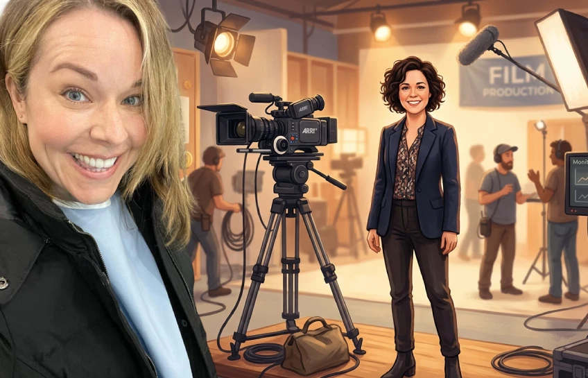 Tina Majorino Net Worth concept illustration with an actress on a film set beside cameras and money icons.