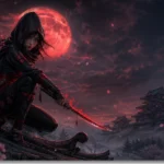 Aggiornamento conclusivo Naoe in Assassin's Creed Shadows: shinobi su tetto al chiaro di luna rossa con katana