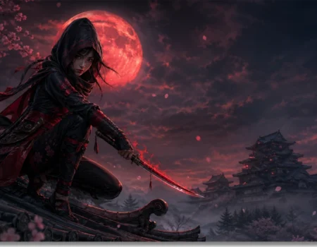 Aggiornamento conclusivo Naoe in Assassin's Creed Shadows: shinobi su tetto al chiaro di luna rossa con katana