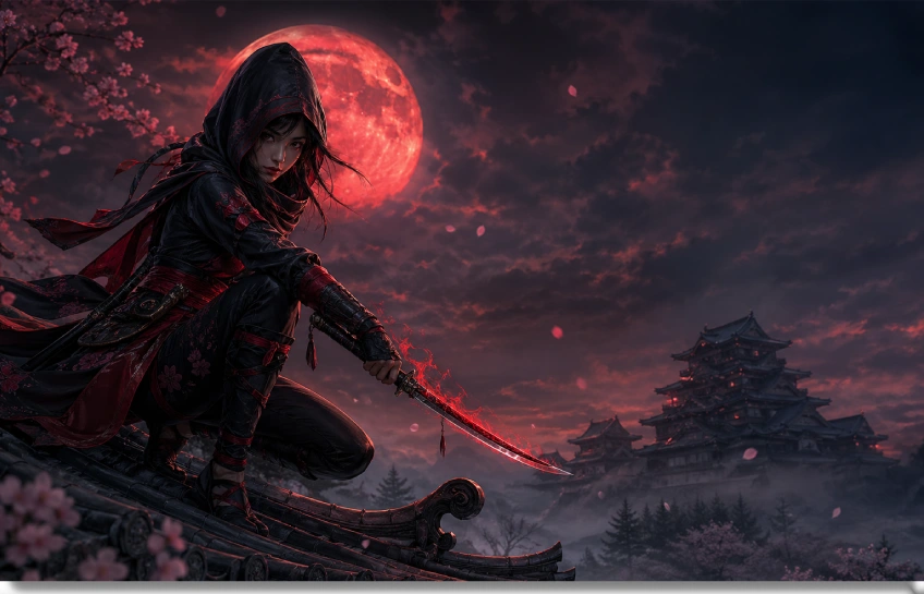 Aggiornamento conclusivo Naoe in Assassin's Creed Shadows: shinobi su tetto al chiaro di luna rossa con katana