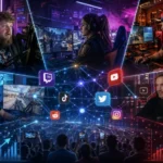 CaseOh, Kylie, Summit1g, Shroud and PewDiePie connected in a futuristic streaming ecosystem illustration.