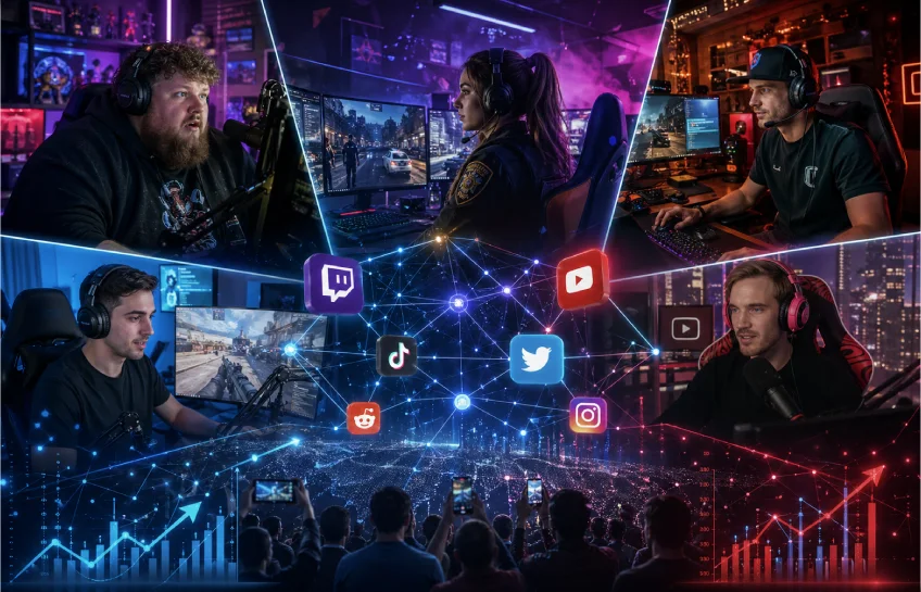 CaseOh, Kylie, Summit1g, Shroud and PewDiePie connected in a futuristic streaming ecosystem illustration.