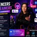 Influencer live-streaming setup with social media growth icons, engagement notifications, and audience community visuals illustrating how influencers and streamers build loyal audiences with SMM promotion.