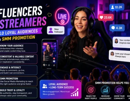 Influencer live-streaming setup with social media growth icons, engagement notifications, and audience community visuals illustrating how influencers and streamers build loyal audiences with SMM promotion.