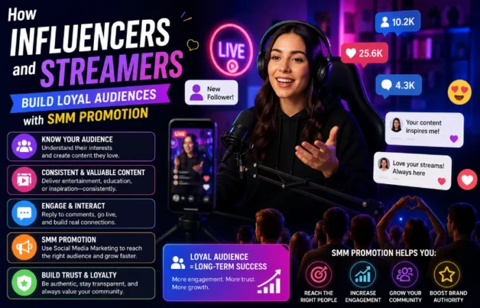 Influencer live-streaming setup with social media growth icons, engagement notifications, and audience community visuals illustrating how influencers and streamers build loyal audiences with SMM promotion.