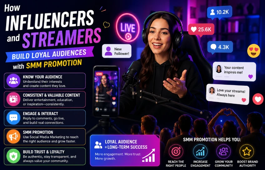 Influencer live-streaming setup with social media growth icons, engagement notifications, and audience community visuals illustrating how influencers and streamers build loyal audiences with SMM promotion.