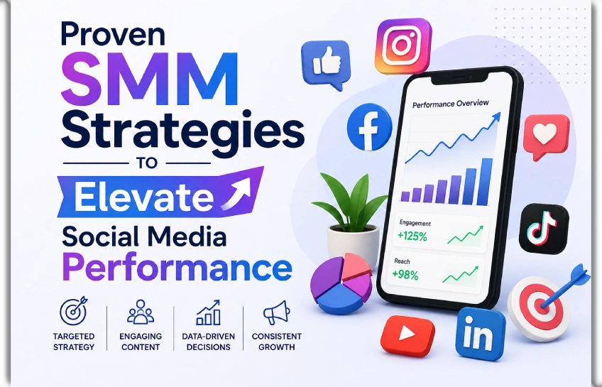 Proven SMM strategies illustration showing social media growth analytics, smartphone performance dashboard, and social platform icons for improving social media performance.