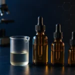 Amber research vials and lab beaker on dark surface representing Swiss Chems SARMs and peptide testing standards.