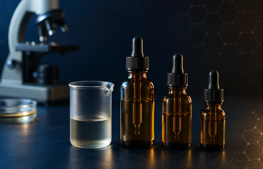 Amber research vials and lab beaker on dark surface representing Swiss Chems SARMs and peptide testing standards.