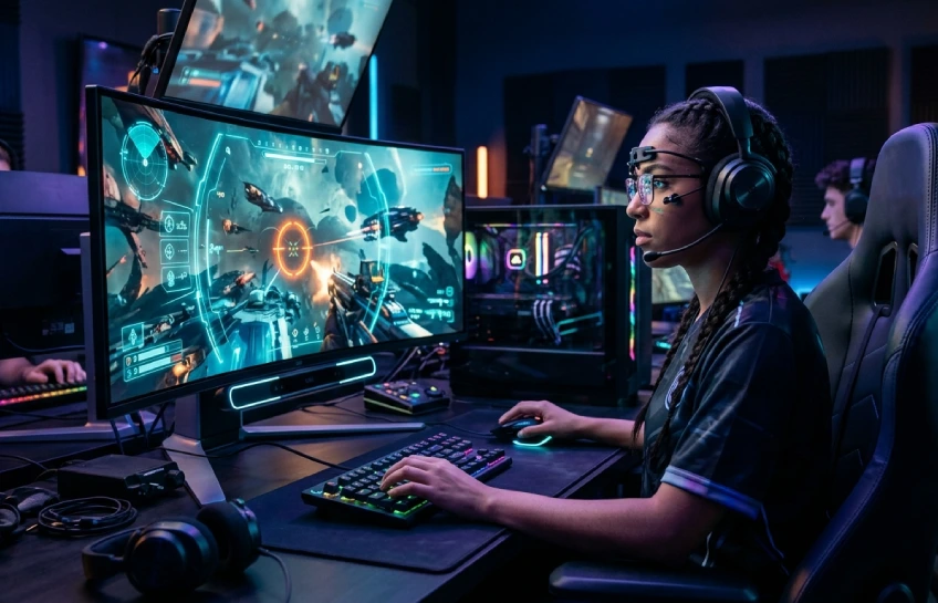 Tommy jacobs gaming eyexcon concept showing eye-tracking technology in immersive gaming setup