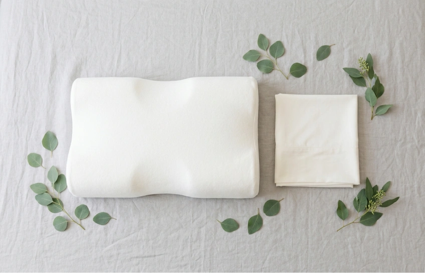 Tranzzquil hypoallergenic memory foam pillow with bamboo cover on a light gray linen surface