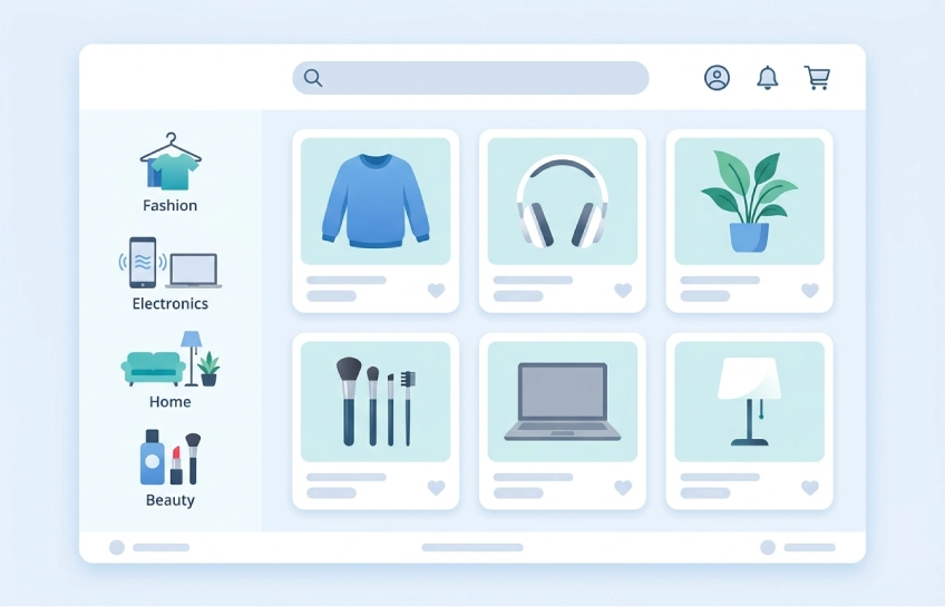 Trupeek com online shopping platform showing product categories, search filters, and a clean checkout interface