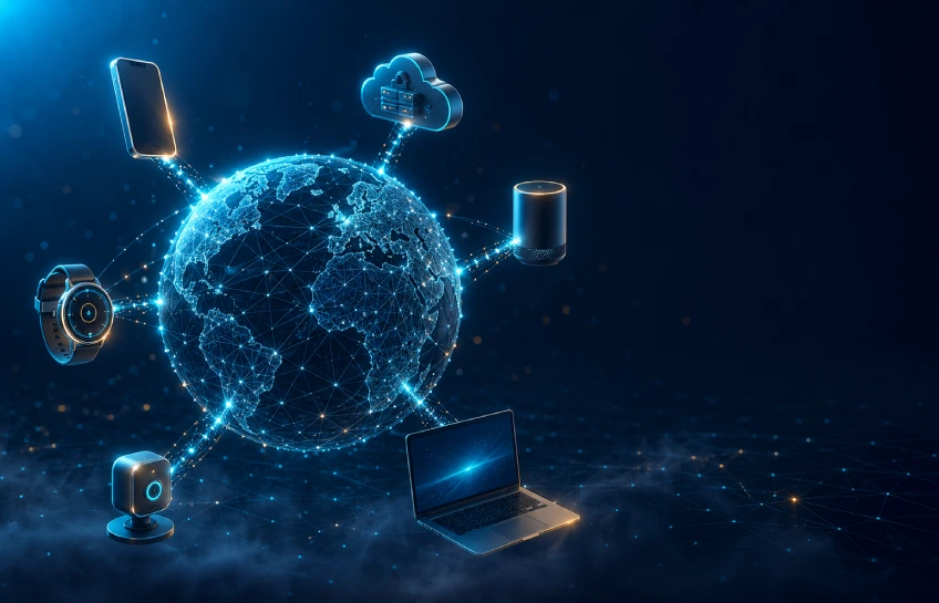 Glowing globe of connected smart devices visualizing wepbound digital connectivity across networks worldwide