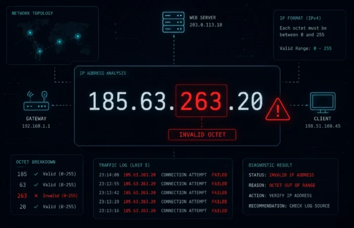Diagram showing the invalid IPv4 address 185.63.263.20 with the out-of-range octet 263 highlighted in red against a dark network security background