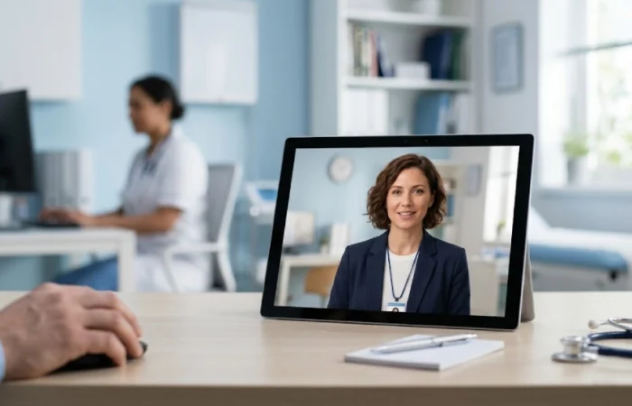 Best AI avatar creators for telehealth consultations shown as a realistic digital healthcare presenter on a screen